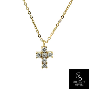 Petite framed six-stone cross moissanite necklace in yellow gold vermeil over sterling silver