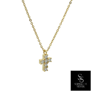 Petite framed six-stone cross moissanite necklace in yellow gold vermeil over sterling silver, view 2