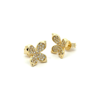 Pointed petal pavé flower moissanite stud earrings in yellow gold vermeil over sterling silver