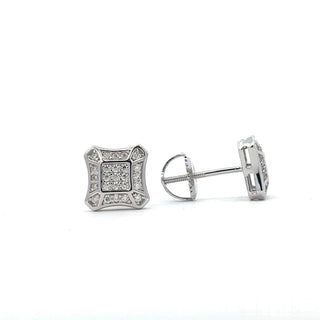 Pointed square frame pavé moissanite stud earrings in sterling silver, view 2