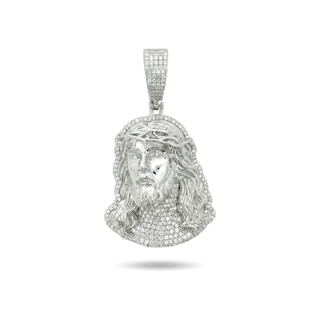 Polished 3D Jesus Face with Pavé Halo Moissanite Pendant in sterling silver