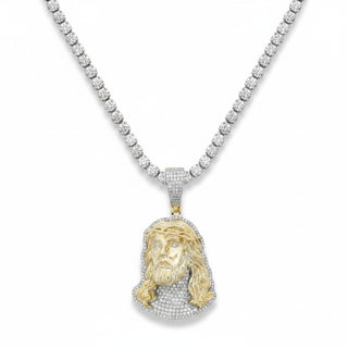 Polished 3D Jesus Face with Pavé Halo Moissanite Pendant in sterling silver on a chain