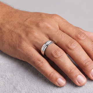 Polished Band with Single Pavé Bar Moissanite Ring in sterling silver, worn on hand