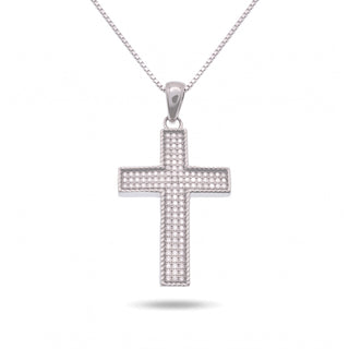 Polished Border Iced Pavé Cross Moissanite Pendant in Sterling Silver on chain