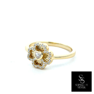 Polished four-petal flower moissanite ring in yellow gold vermeil over sterling silver, view 2