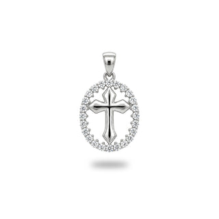 Polished Cross with Pavé Oval Halo Moissanite Pendant