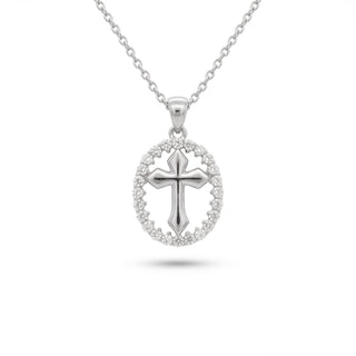 Superior Silver polished gothic cross pendant featuring a moissanite pavé oval halo in sterling silver