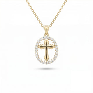 Superior Silver gold vermeil gothic cross pendant featuring a pavé moissanite oval halo on a delicate chain