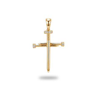 Polished nail cross moissanite pendant in yellow gold vermeil, front view on a white background