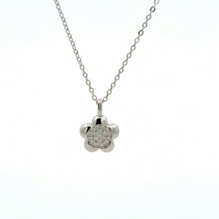 Polished petal flower pavé center moissanite necklace in sterling silver, view 2