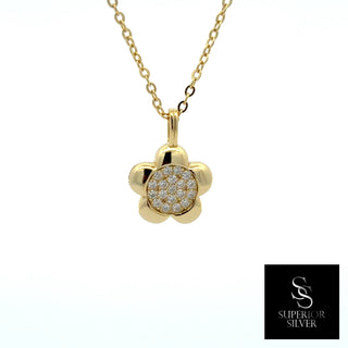 Polished petal flower pavé center moissanite necklace in yellow gold vermeil over sterling silver