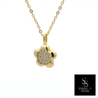 Polished petal flower pavé center moissanite necklace in yellow gold vermeil over sterling silver, view 3
