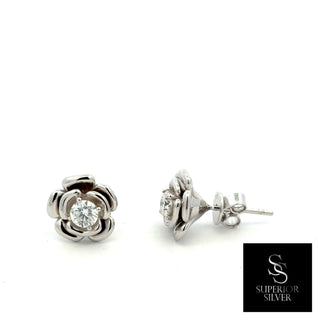 Polished rose solitaire moissanite stud earrings in sterling silver, view 2