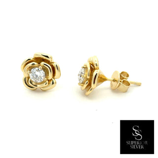 Polished rose solitaire moissanite stud earrings in yellow gold vermeil over sterling silver, view 2