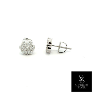 Polished side seven-stone flower cluster moissanite stud earrings in sterling silver, view 2