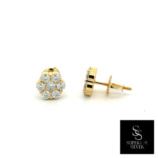 Polished side seven-stone flower cluster moissanite stud earrings in yellow gold vermeil over sterling silver, view 2