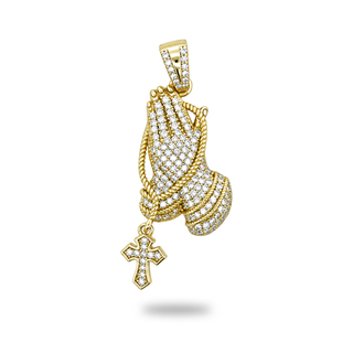 Praying Hands with Rosary and Cross Moissanite Pendant in gold vermeil