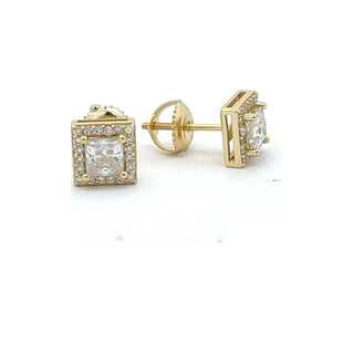 Princess cut square halo moissanite stud earrings in yellow gold vermeil over sterling silver