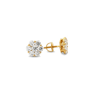 Prong-set seven-stone flower cluster moissanite stud earrings in yellow gold vermeil over sterling silver, view 2