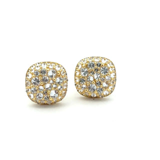 Puffed cushion pavé cluster moissanite stud earrings in yellow gold vermeil over sterling silver