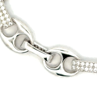 Puffed Mariner and Pavé Bar Link Moissanite Bracelet in Sterling Silver, clasp detail