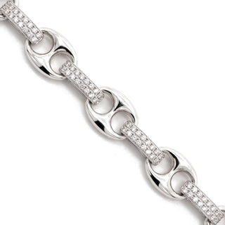 Puffed Mariner and Pavé Bar Link Moissanite Bracelet in Sterling Silver, close-up