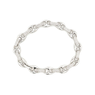 Puffed Mariner and Pavé Bar Link Moissanite Bracelet in Sterling Silver