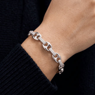 Puffed Mariner and Pavé Bar Link Moissanite Bracelet in Sterling Silver worn on the wrist