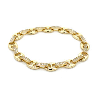 Puffed mariner and pavé bar link moissanite bracelet in yellow gold vermeil over sterling silver, view 2