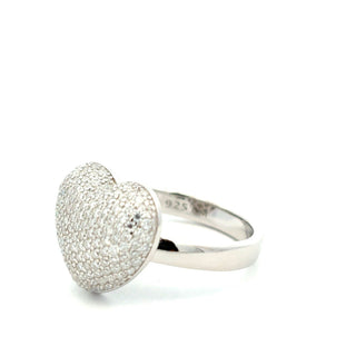 Puffy pavé heart moissanite ring in sterling silver