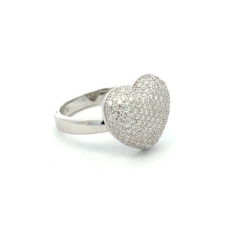 Puffy pavé heart moissanite ring in sterling silver, view 2