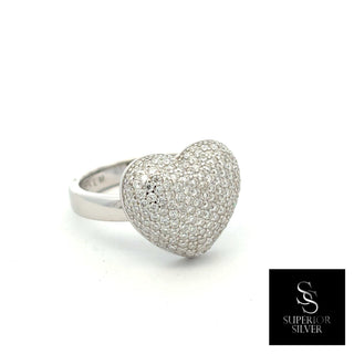 Puffy pavé heart moissanite ring in sterling silver, view 3