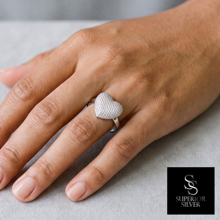 Puffy Pavé Heart Moissanite Ring in sterling silver, worn on hand
