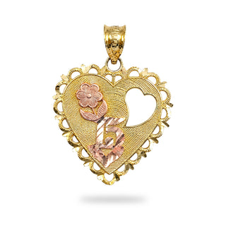 Superior Silver 14K yellow gold heart-shaped Quinceanera pendant featuring a diamond-cut flower and 15 Anos design.