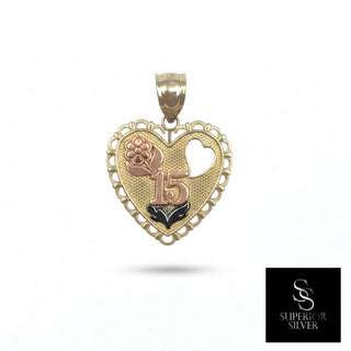 Quinceañera Heart 14K Yellow Gold Pendant close up
