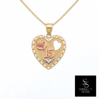 Quinceañera Heart 14K Yellow Gold Pendant on chain