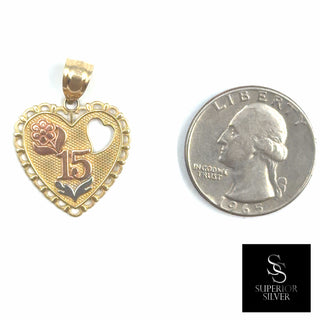 Quinceañera Heart 14K Yellow Gold Pendant quarter size comparison