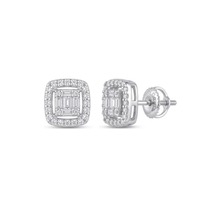 Rectangle Baguette Center Pavé Halo Moissanite Stud Earrings in sterling silver