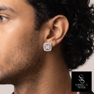 Rectangle Baguette Center Pavé Halo Moissanite Stud Earrings in sterling silver, worn on model