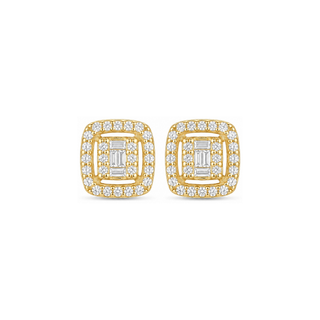 Rectangle Baguette Center Pavé Halo Moissanite Stud Earrings in yellow gold over sterling silver