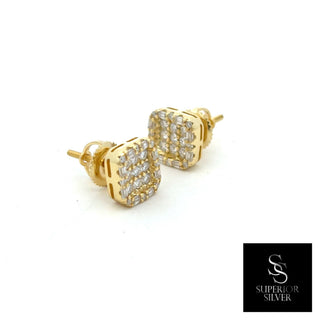 Rectangle pavé cluster moissanite stud earrings in yellow gold vermeil over sterling silver, view 2