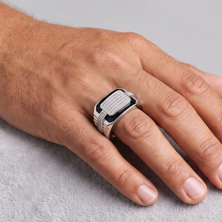 Rectangle Pavé Top with Black Enamel Frame Moissanite Ring in sterling silver, worn on hand
