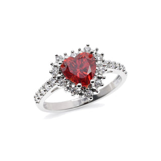Red Heart Halo on Pavé Band Moissanite Ring in sterling silver