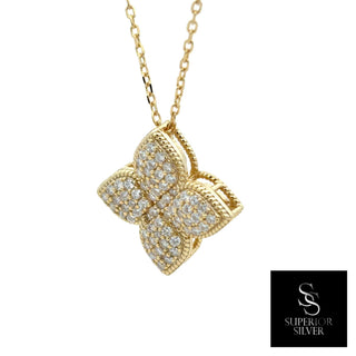 Rope-edge pavé four-petal flower moissanite necklace in yellow gold vermeil over sterling silver