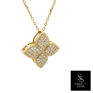 Rope-edge pavé four-petal flower moissanite necklace in yellow gold vermeil over sterling silver, view 2