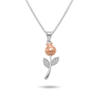 Rose Gold Rosebud with Pavé Leaves Moissanite Pendant in Sterling Silver on chain