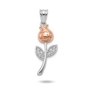 Rose Gold Rosebud with Pavé Leaves Moissanite Pendant in two-tone sterling silver