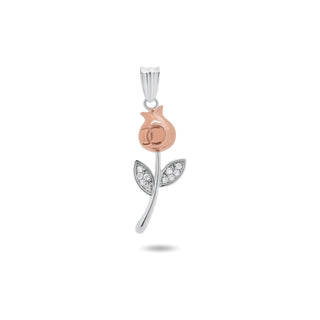 Rose Gold Rosebud with Pavé Leaves Moissanite Pendant in two-tone sterling silver, view 2