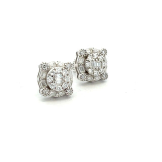 Round baguette cluster halo moissanite stud earrings in sterling silver