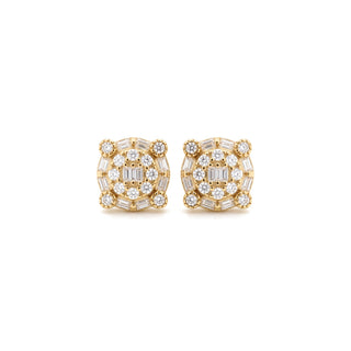 Round baguette cluster halo moissanite stud earrings in yellow gold vermeil over sterling silver